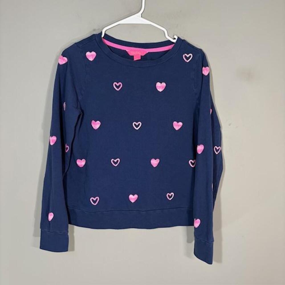 Lilly Pulitzer Sweater Womens Small Blue Pink Cotton Acrylic Heart Crewneck Knit